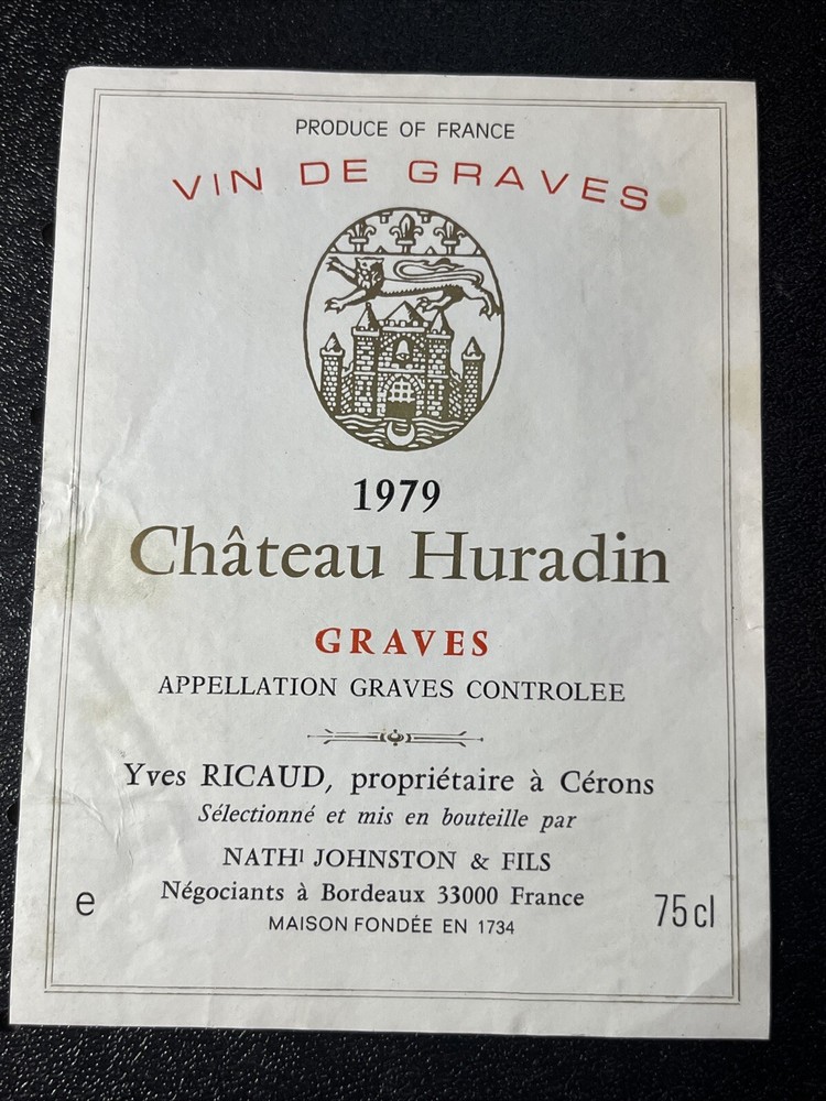 CHATEAU HURADON 1979 French Vintage Wine FRANCE Bottle Label Ephemera BORDEAUX