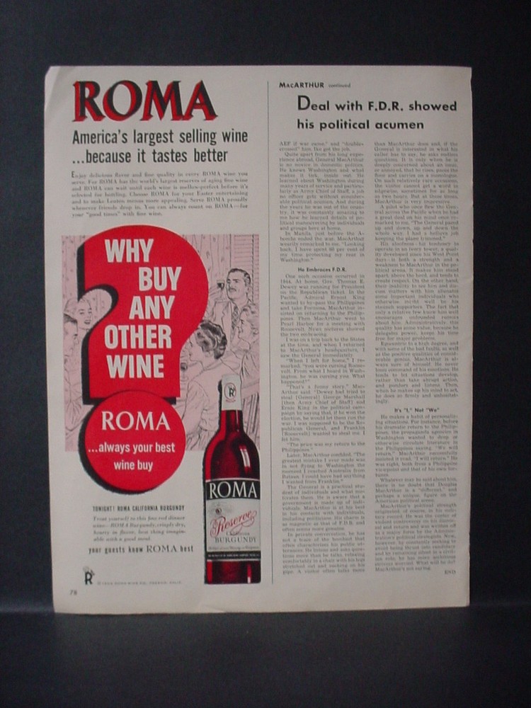 1952 ROMA California Wine Fresno CA Vintage Print Ad 11523