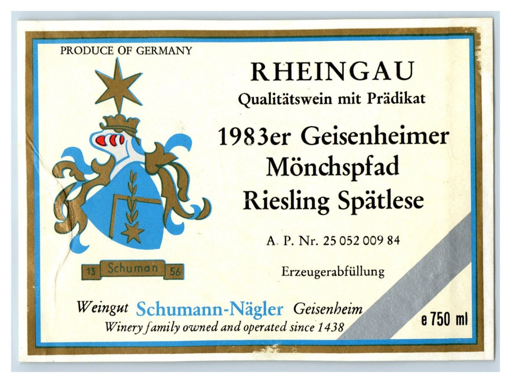 1983 Geisenheimer Monchspfad Riesling Spatlese German Wine Label Original S9