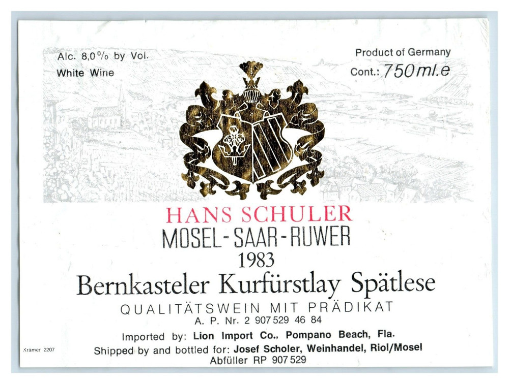1983 Hans Schuler Berkasteler Kurfurstlay German Wine Label Original S10