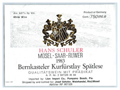 1983 Hans Schuler Berkasteler Kurfurstlay German Wine Label Original S10