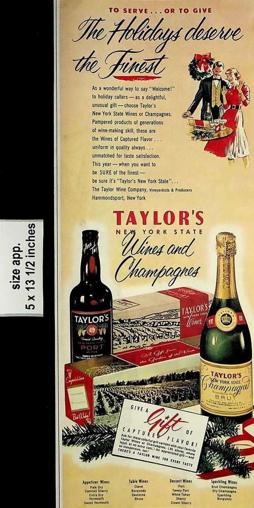 1953 Taylor&rsquo;s Wine and Champagnes Gift Set Holidays Vintage Print Ad 6956