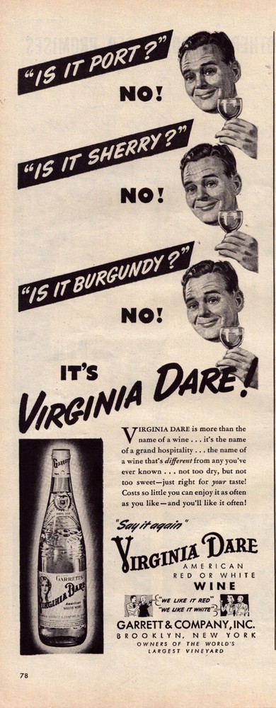 1945 Virginia Dare Wine Print Ad WWII USA Red White Garrett & Co