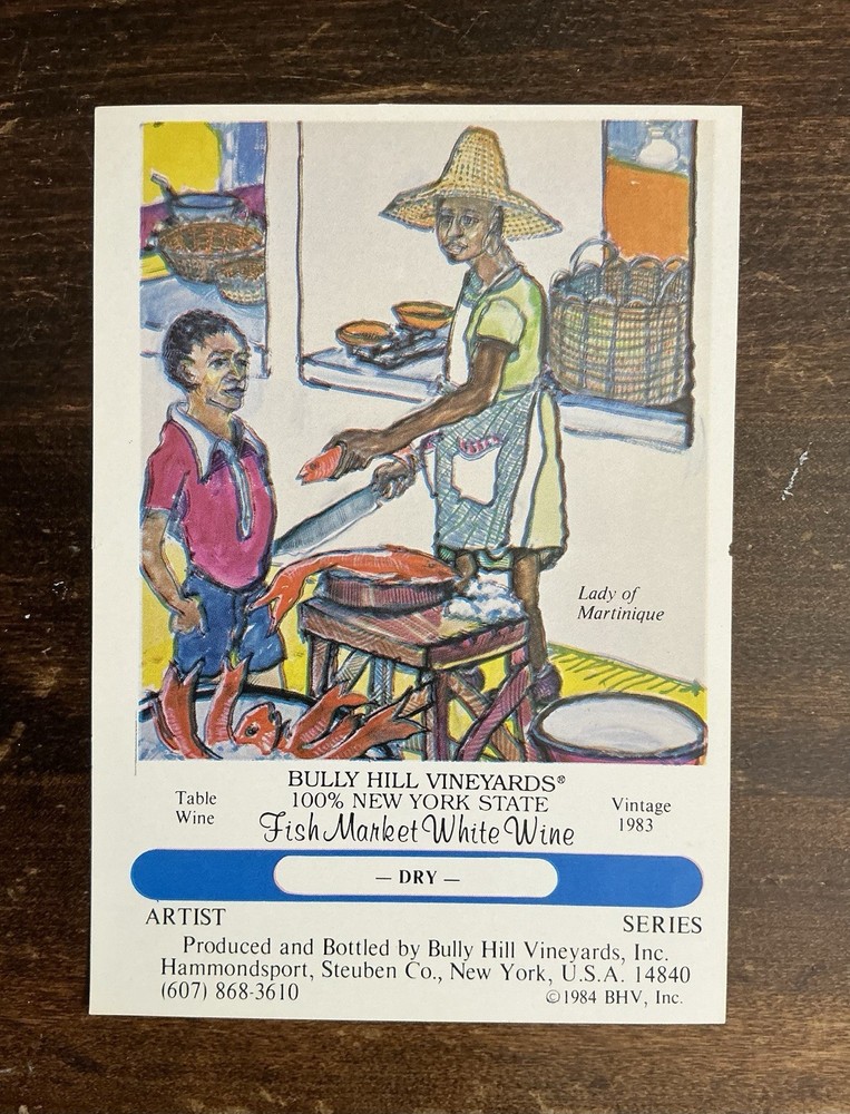 Vintage 1983 Bully Hill Fish Market White Wine Label Martinique Folk Art
