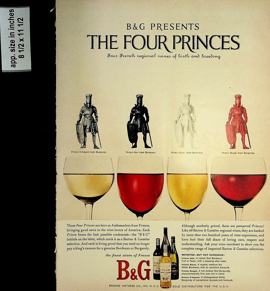 1961 Four Princes B&G Wine Vintage Print Ad 7880