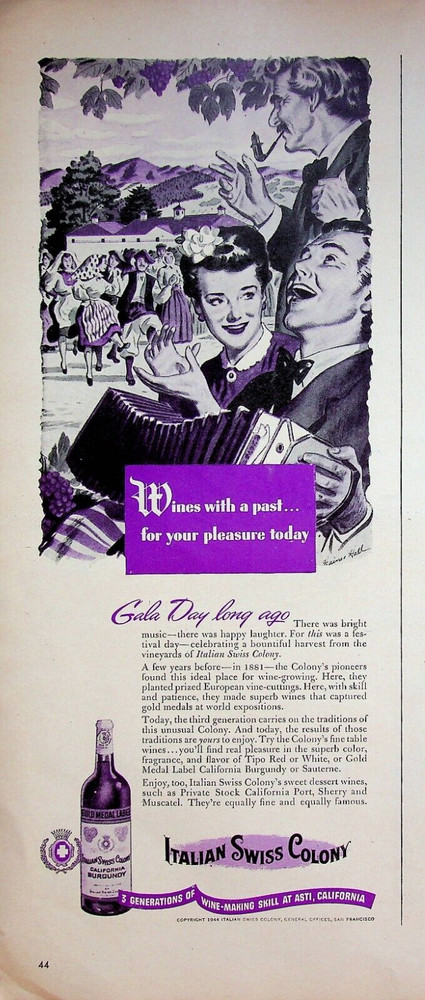 1944 Italian Swiss Colony Burgundy Wine Asti California Vintage 1940s Print Ad