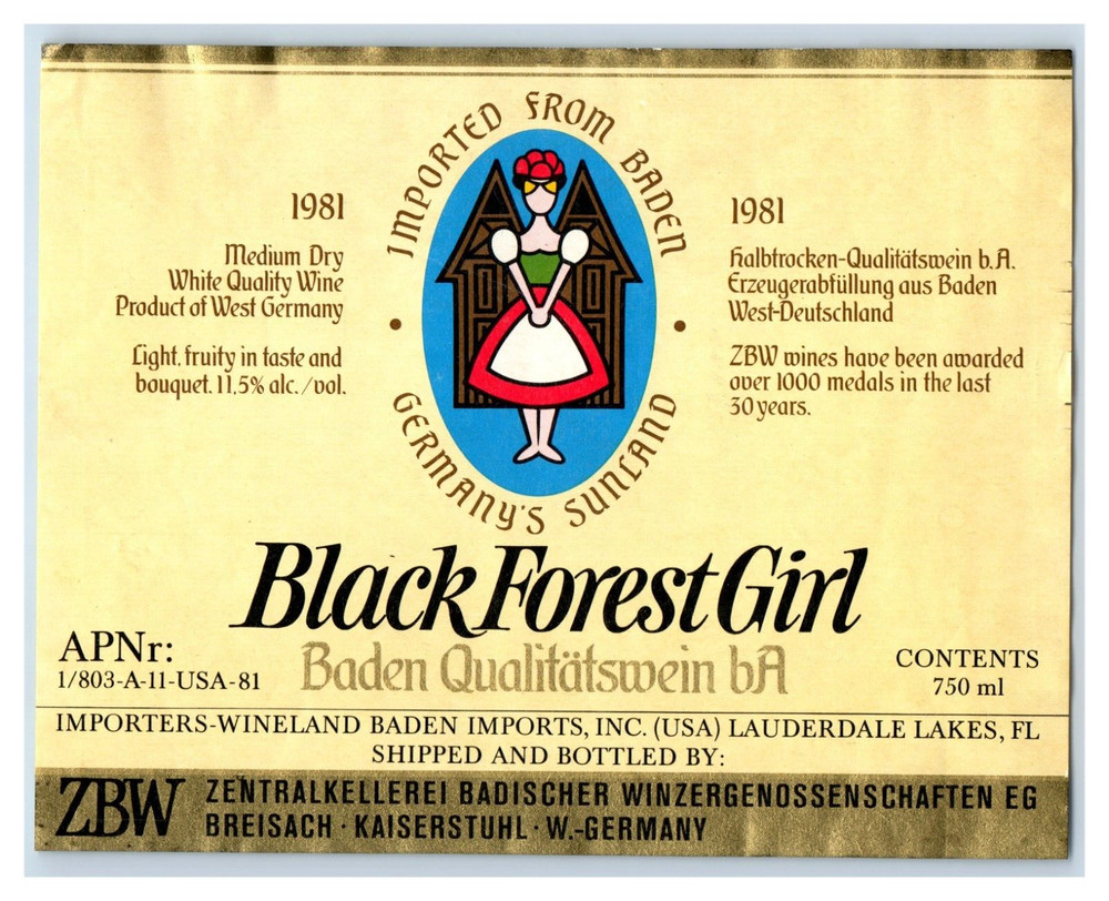 1970&rsquo;s-80&rsquo;s Black Forrest Girl Baden German Wine Label Original S24E