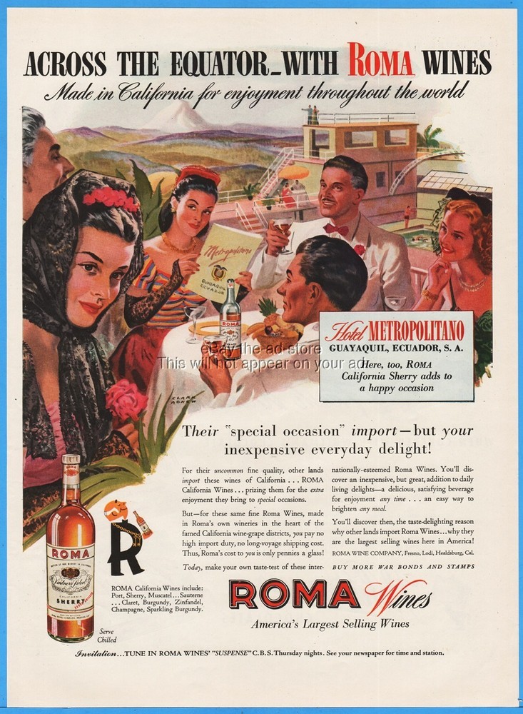 1944 Roma Wine Co Fresno CA Hotel Metropolitano Guayaquil Ecuador Clark Agnew ad