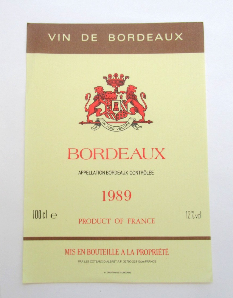 Vintage 1989 Vin de Bordeaux Wine Label Les Coteaux d&rsquo;Albret France