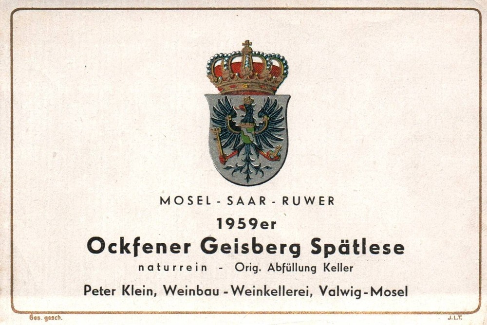 Lovely German Wine Label 1950s 1959er Mosel Saar Ruwer Ockfener Geisberg Vtg