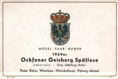 Lovely German Wine Label 1950s 1959er Mosel Saar Ruwer Ockfener Geisberg Vtg