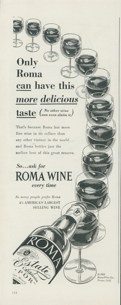 1950 Roma Wine Pouring Glasses Americas Largest Selling Vintage Print Ad L7