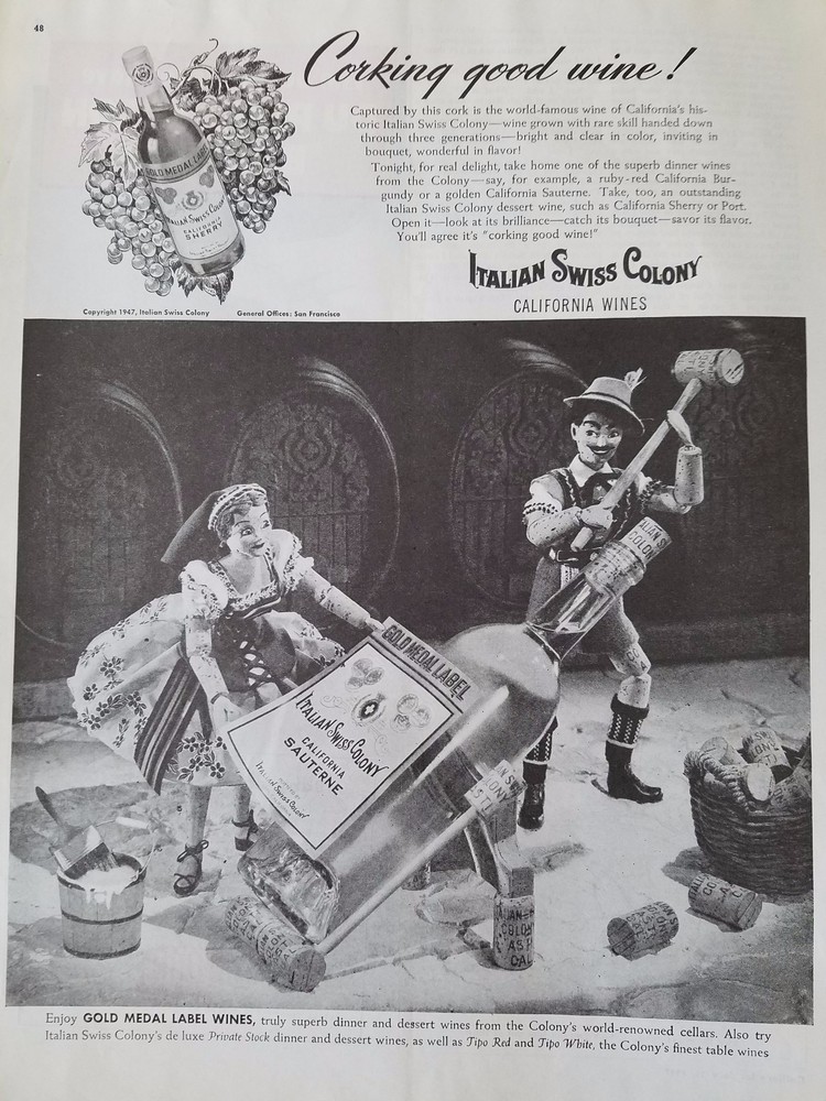 1947 Italian Swiss Colony Cork Bottle California Sauterne Gold Label Ad