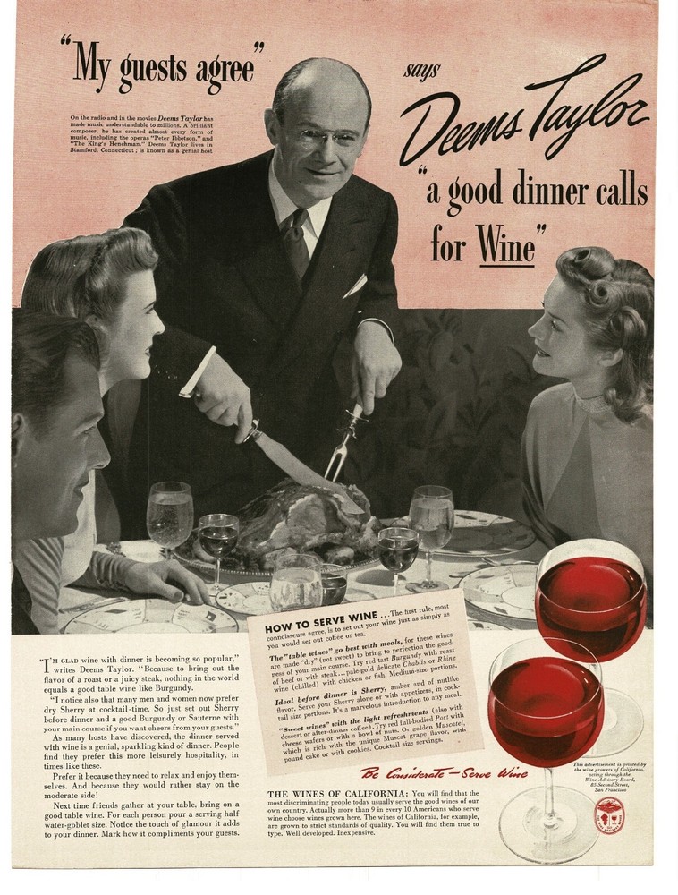 1941 Wine Advisory Board Wines of California Deems Taylor Vintage Print Ad
