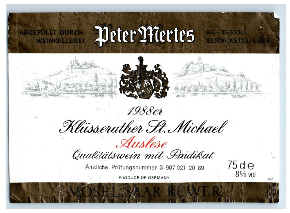 1970&rsquo;s-80&rsquo;s Peter Mertes Klussenather Auslese German Wine Label Original S18E