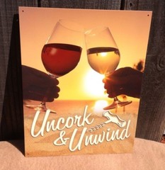 Uncork Unwind Wine Glass Toast Sign Tin Vintage Garage Bar Decor Old