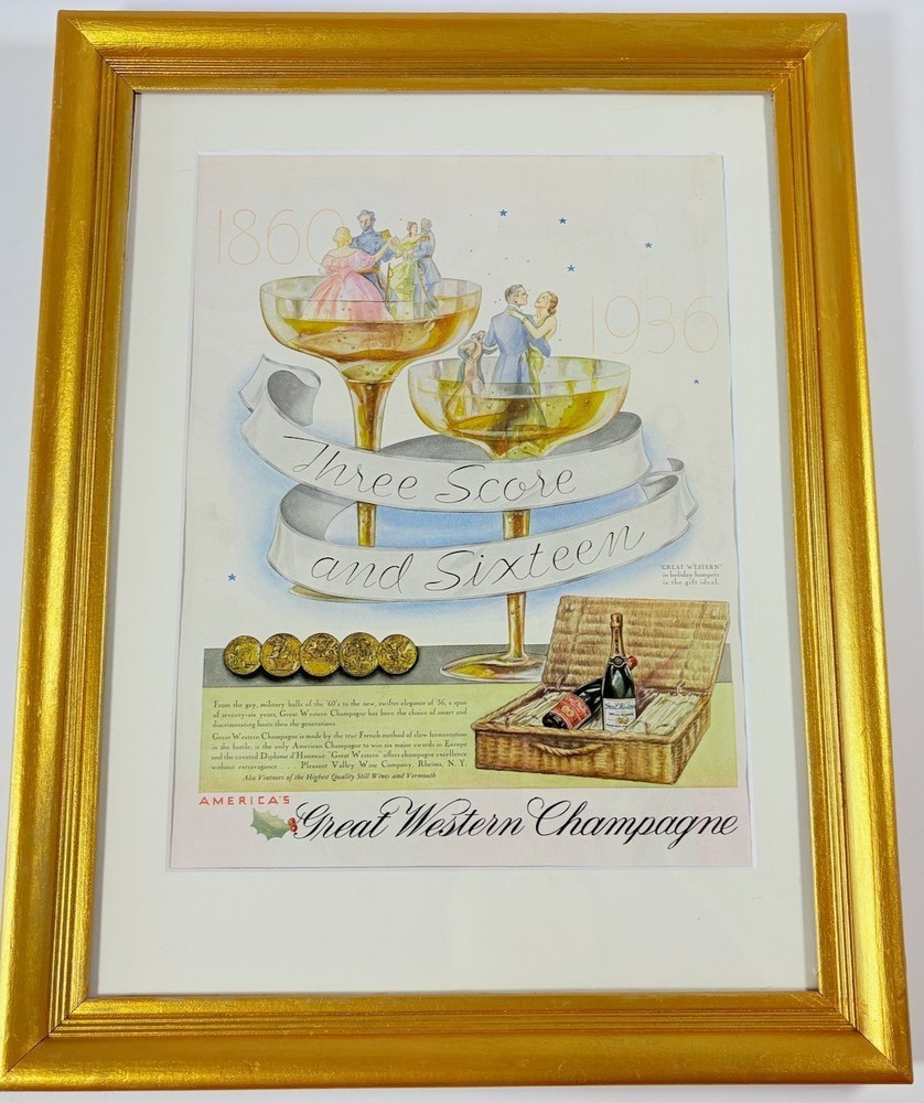 Vintage 1936 Great Western Champaign Full Page Original Color Ad 122 Wine Score