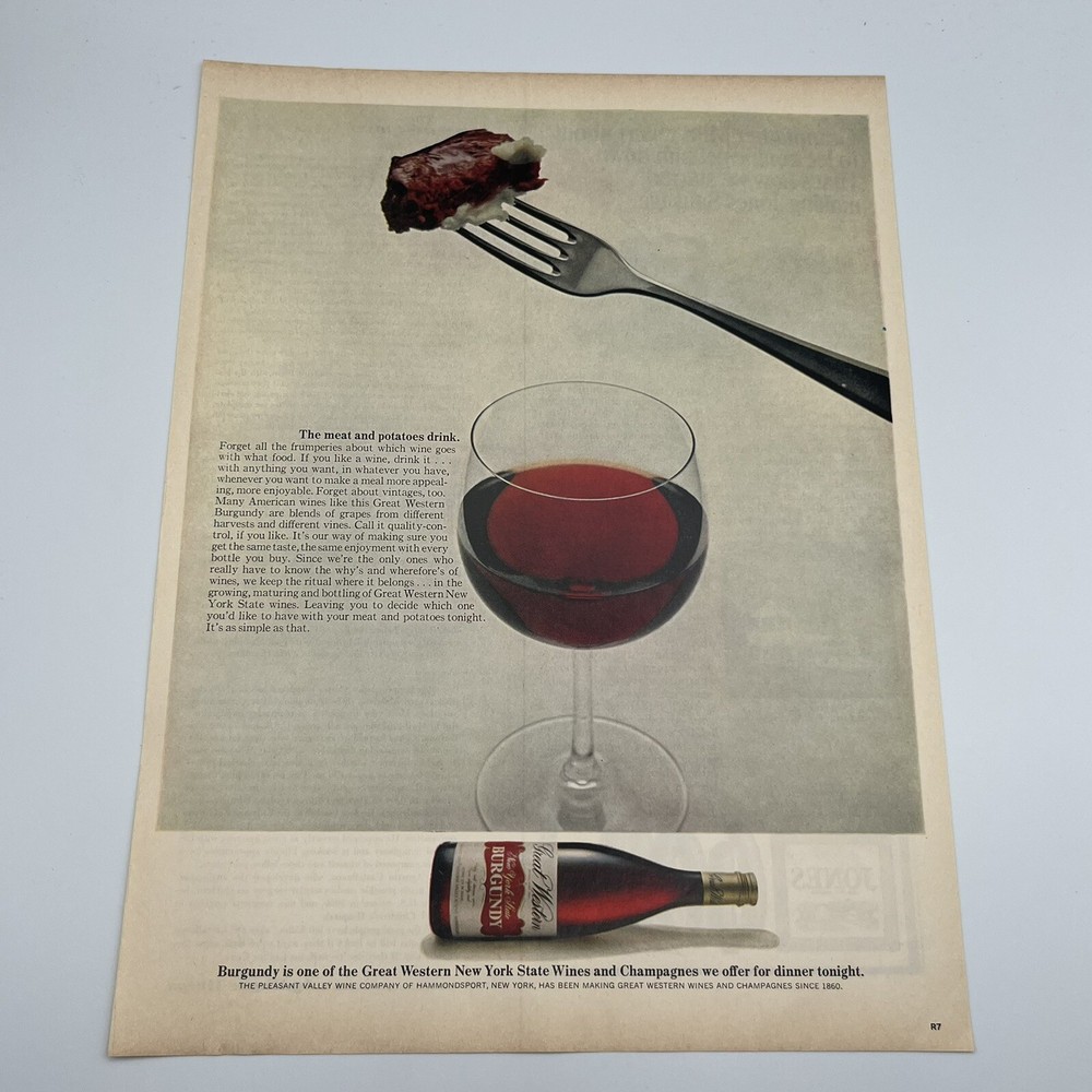 1967 Great Western New York State Burgundy Wine Print Ad Pleasant Valley Wine
