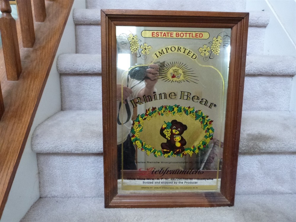 VINTAGE RHINE BEAR Liebfraumilch White Wine Mirrored Sign Bar Pub 18.25&Prime;x15.25&Prime;