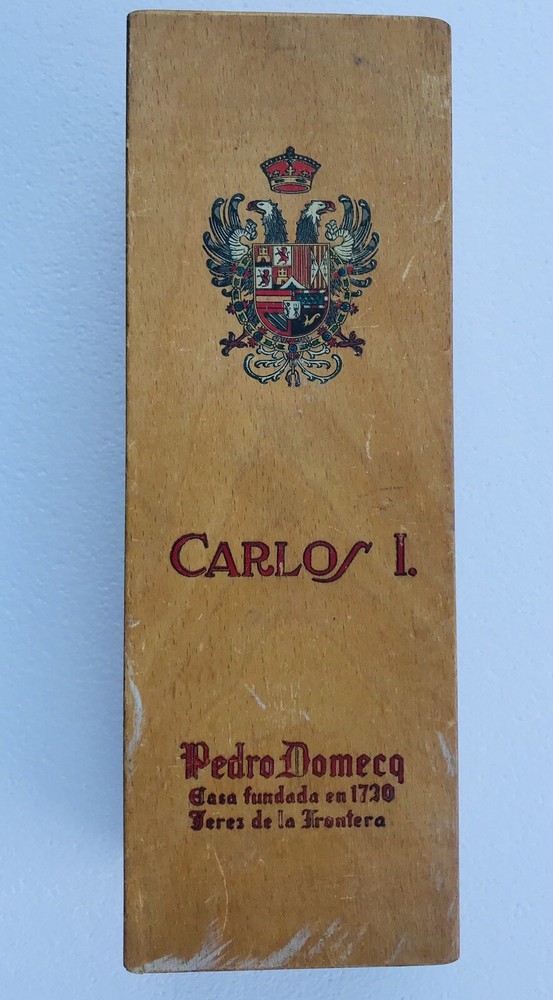 VINTAGE PEDRO DOMECQ CARLOS I SHERRY BRANDY WINE BOX 12 x 4 1/4 x 3 3/4 Damaged