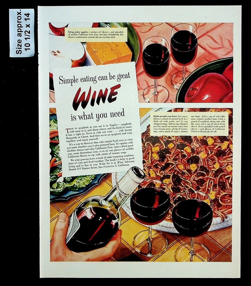 1947 Wine Advisory Board California Simple Eating Food Vintage Print Ad 31469