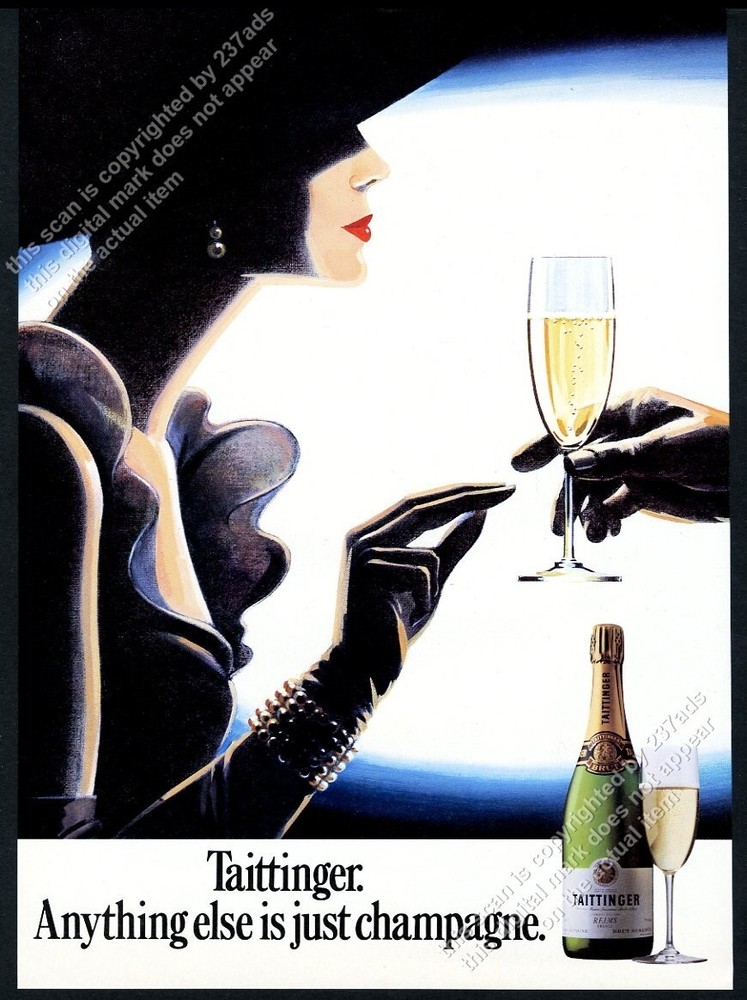 1985 Taittinger champagne bottle photo elegant woman art vintage print ad