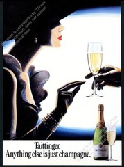 1985 Taittinger champagne bottle photo elegant woman art vintage print ad