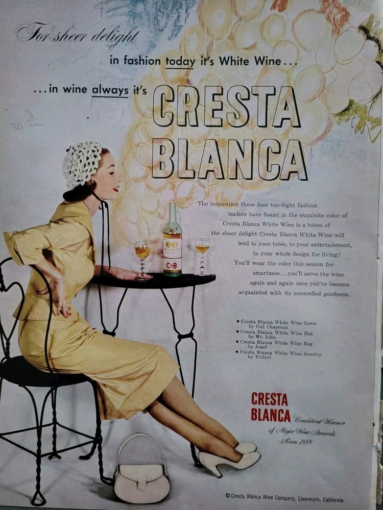 1951 Cresta Blanca CB wine Bottle woman ice cream table vintage ad