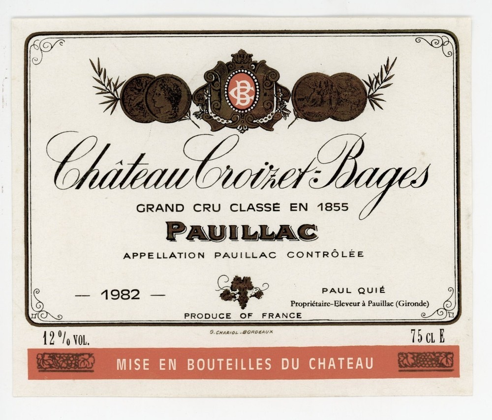 Chateau Croizet Bages Wine Label 1982 France French Pauillac