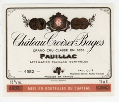 Chateau Croizet Bages Wine Label 1982 France French Pauillac