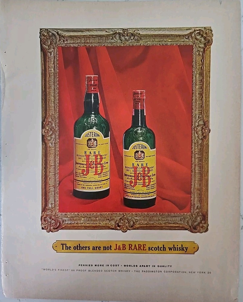 1965 J & B Rare scotch whiskey green Bottles in frame vintage Ad