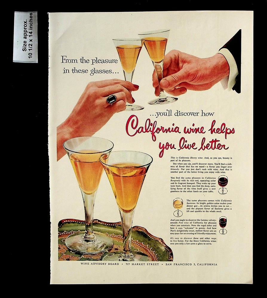 1955 Wine Advisory Board Glass California Sherry Sauterne Vintage Print Ad 33795