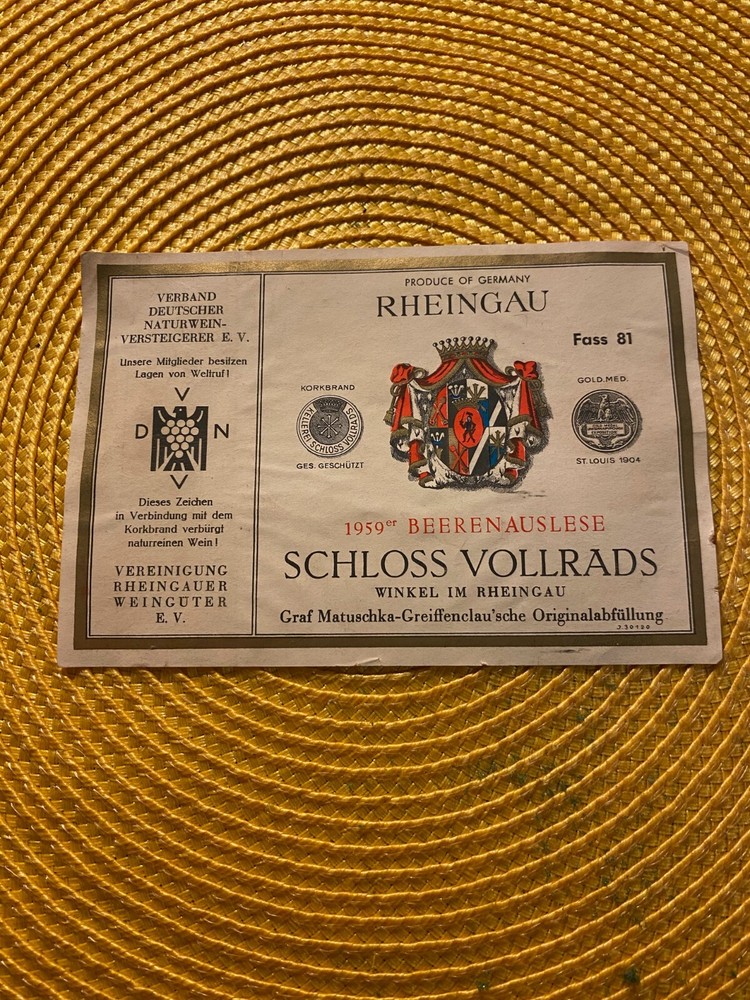 Schloss Vollrads Rheingau Label 1959 Beerenauslese