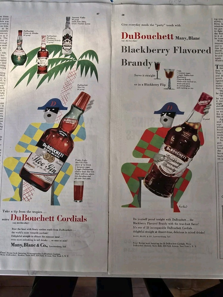 1952 Lot 2 DuBouchett blackberry brandy sloe gin cordial vintage ads
