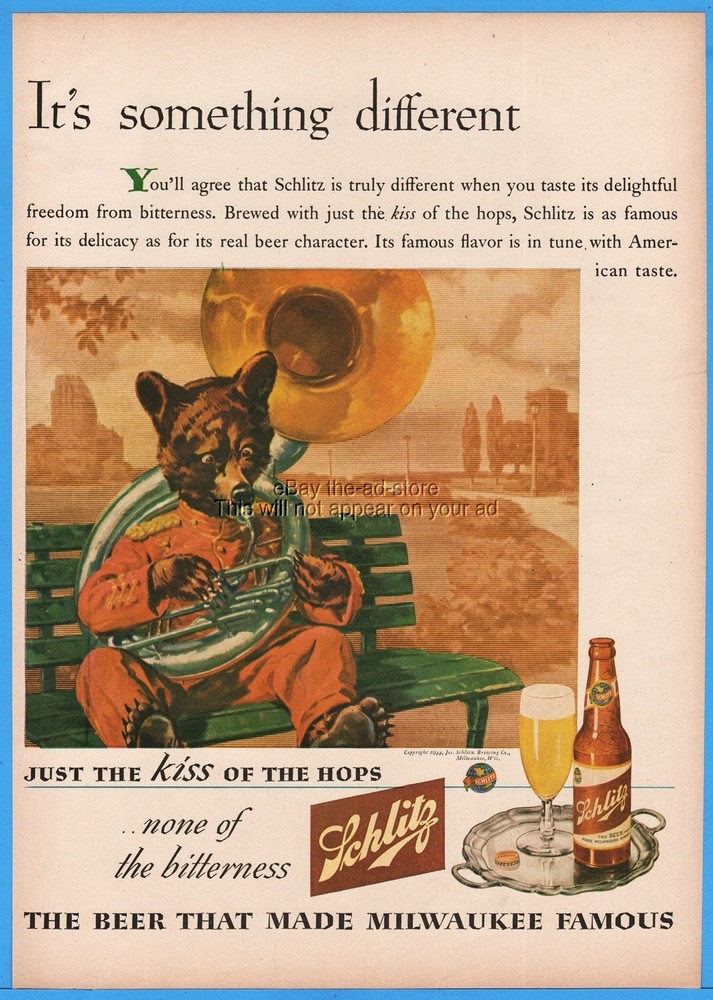 1944 Schlitz Brewing Co Milwaukee Wisconsin Bear Playing the Tuba beer ad