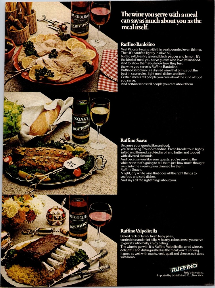 1973 VINTAGE 8X11 PRINT Ad FOR RUFFINO ITALY FINE WINE RACK OF LAMB,VEAL PICCATA
