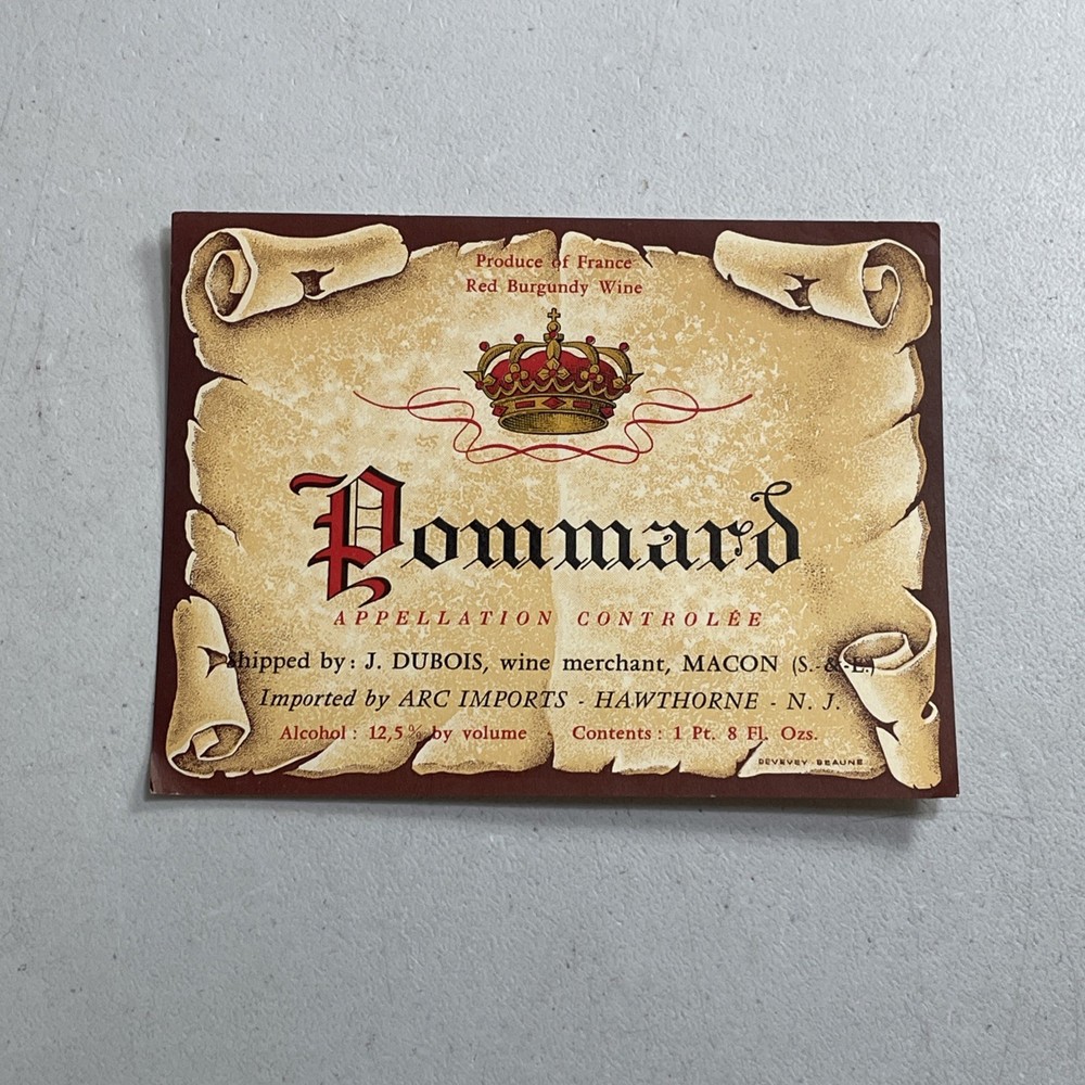 Vintage Wine Bottle Label — J. Dubois Pommard Red Burgundy Macon France