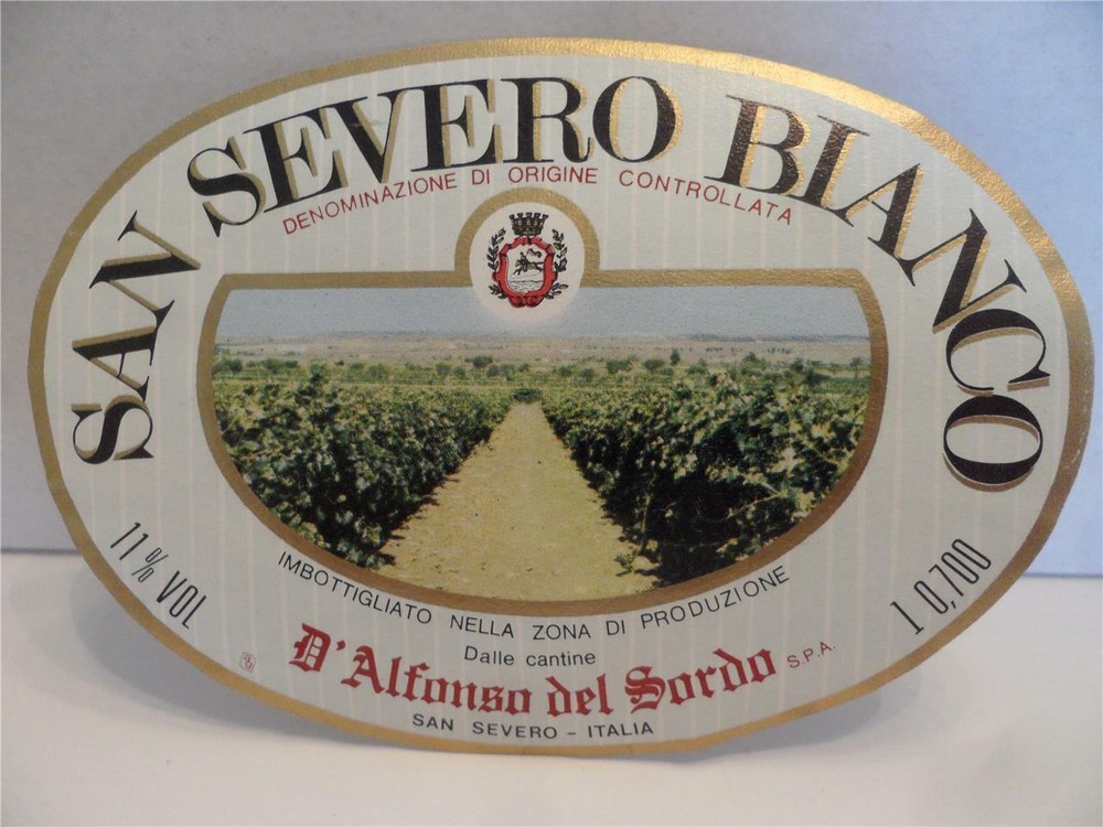 Vintage RARE San Severo Bianco Wine Label – D&rsquo;Alfonso del Sorda S.P.A. – Italy