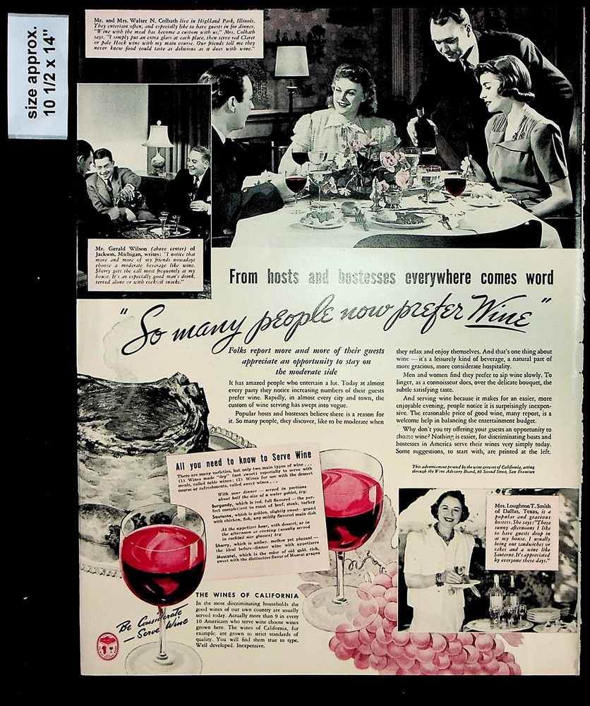 1940 Wine Advisory Board California Sweet Drink Vintage Print Ad 35946
