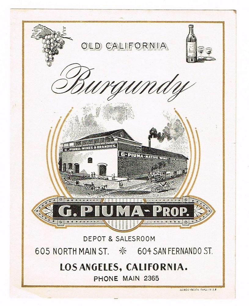 C1900 RARE PRE PROHIBITION ALCOHOL BOTTLE LABEL LOS ANGELES PIUMA WINE BURGUNDY