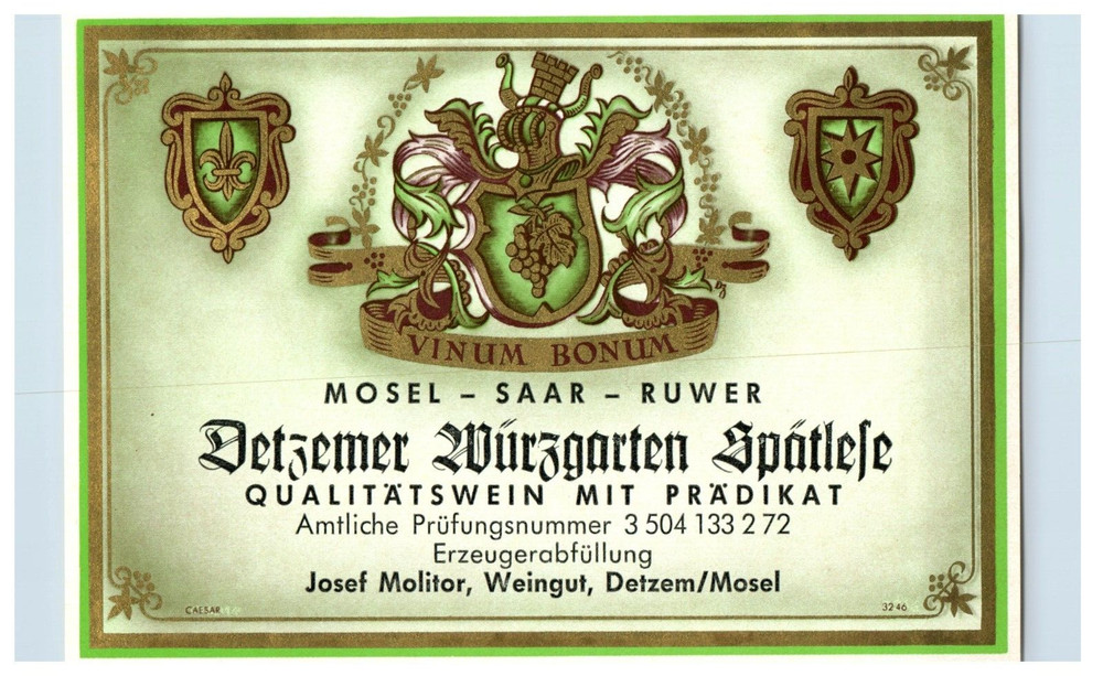 1970&rsquo;s-80&rsquo;s Vinum Bonum Detemer Wurgarte German Wine Label Original S29E