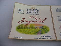 2001 Sunce Vineyard Zinfandel Wine Label Old Vines Clear Lake CA Unfiltered