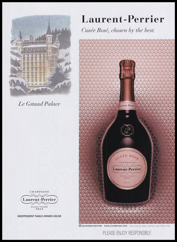 Laurent Perrier champagne PRINT AD 2019 drawing of Le Gstaad Palace