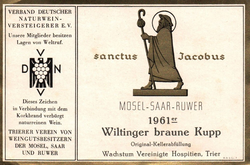 Rare Sanctus Jacobus Saint Jacob Wiltinger German Wine Label Mosel Saar 1961er