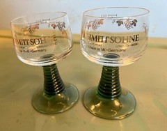 2 Vintage Schmitt Sohne West German Wine Goblet Cordial Glasses Clear Green Stem