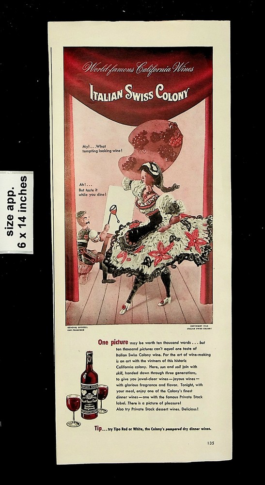 1946 Italian Swiss Colony Puppets California Wines Paint Vintage Print Ad 24075