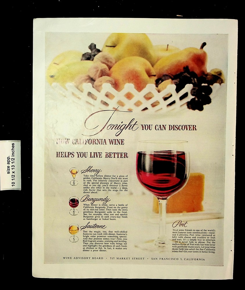 1955 Wine Advisory Board California Port Burgundy Sherry Vintage Print Ad 28114