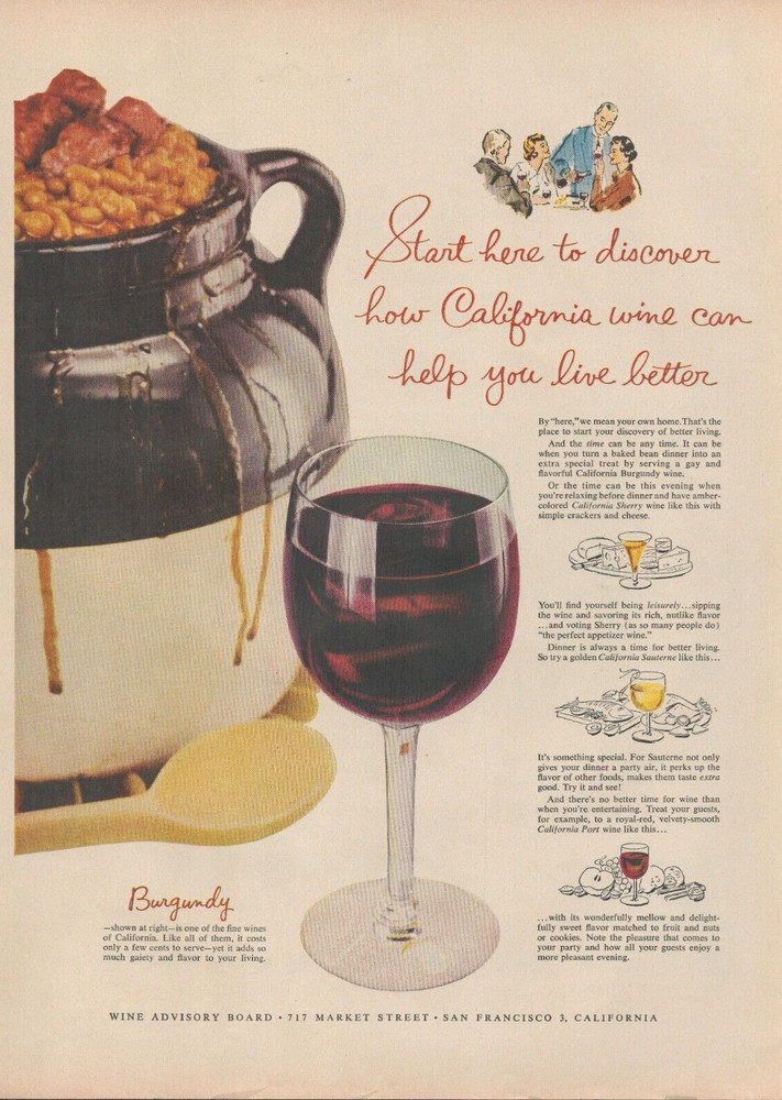 1955 California Burgundy Wine Advisory Board San Francisco Vintage Print Ad L32
