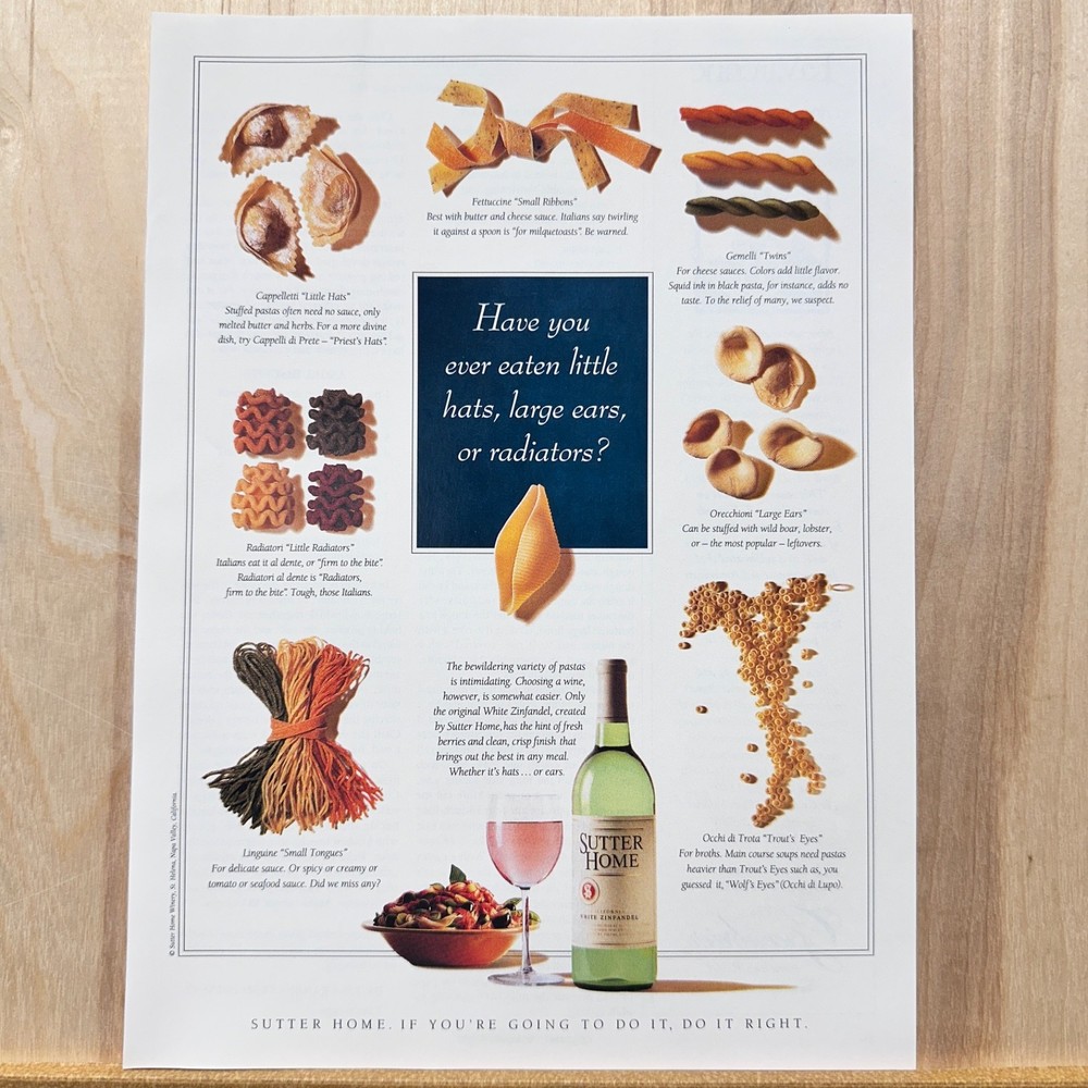 1992 Sutter Home Winery Pasta Shapes Vintage Print Ad Food Advert Art