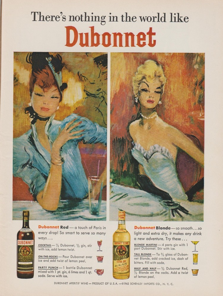1963 Dubonnet Wine – Fancy Dress Women – Red, Blonde – Print Ad Art Bar Decor